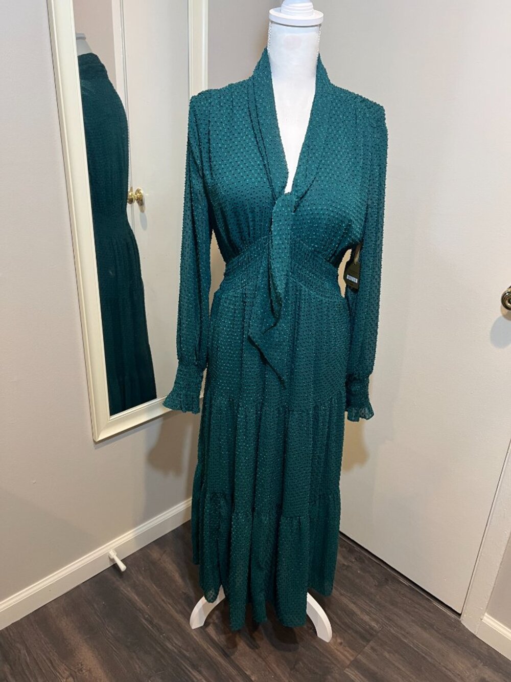 NWT RYEGRASS Emerald Green Clip Dot Long Sleeve Tie Neck Maxi Dress, Size Med - Picture 2 of 16